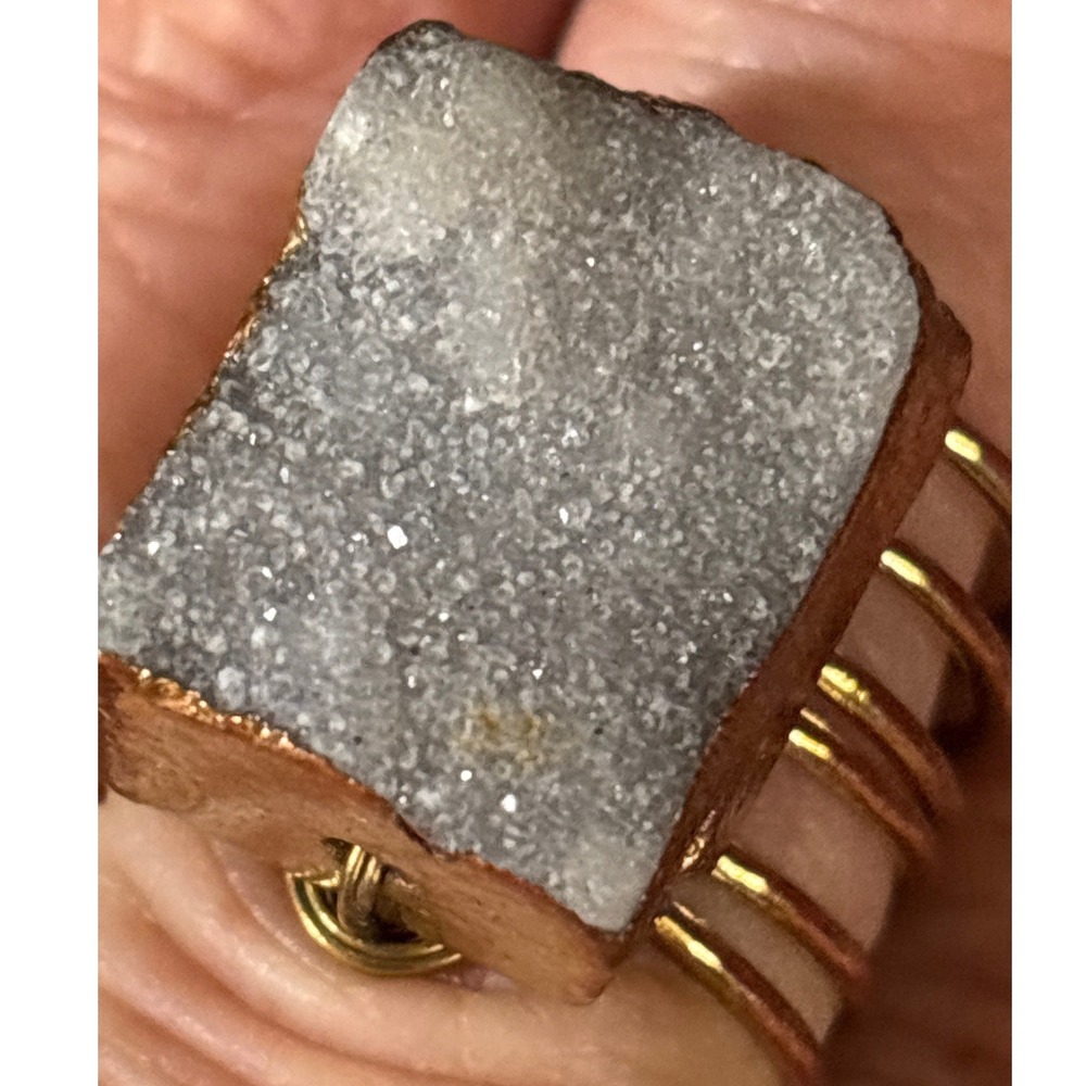 Statement Ring Grey Raw Druzy Quartz Rose Gold Tone Adjustable Cage‎ Band